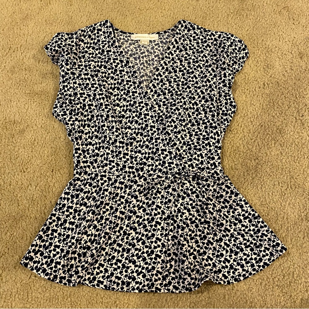 Monteau floral navy blue/white tank blouse ruffle cap sleeved ladies small